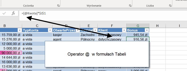 Odwołania strukturalne w tabeli Ms Excel, operator  @  wersje najnowsze