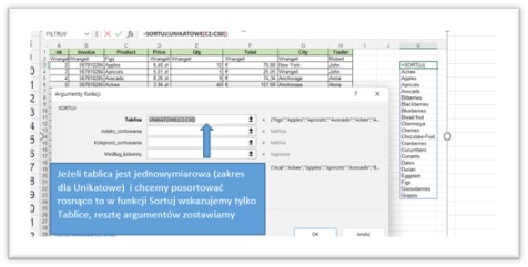 Wyniki Funkcji Unikatowe posortowane rosnąco